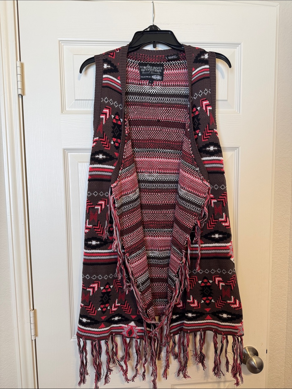Powder River Outfitters Red & Brown Open-Front Fringe Sweater Vest